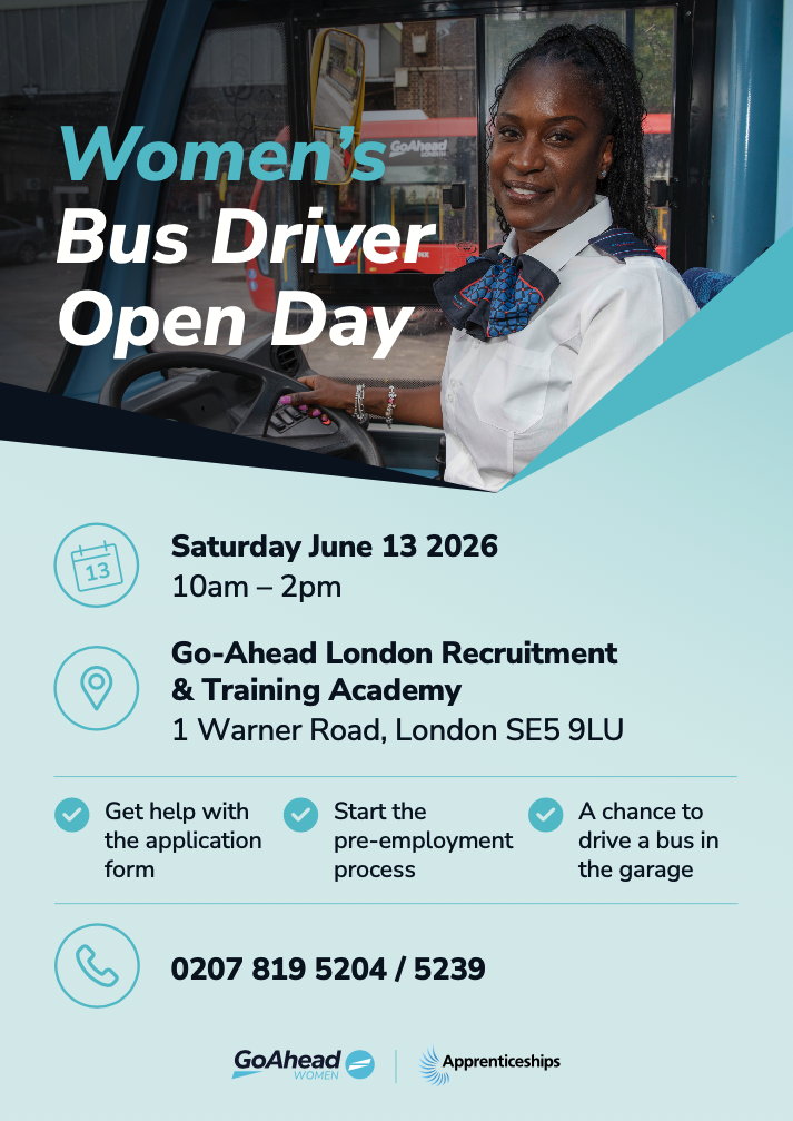 Poster displaying information about the Go Ahead Women's Bus Driver Open Day